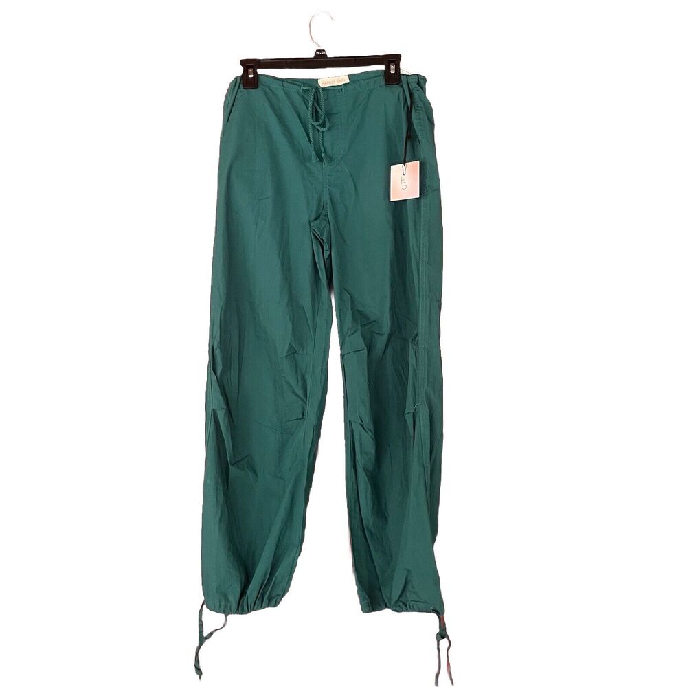 Happily Grey Parachute Pants Green Cotton Wide Leg Pockets Sz S LIghtweight‎